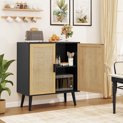 Natural and Black Rattan Storage Cabinet with Adjustable Shelf