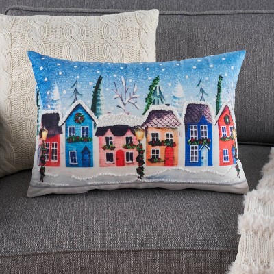 14"x20" Multicolor Holiday Village Embroidered Lumbar Pillow
