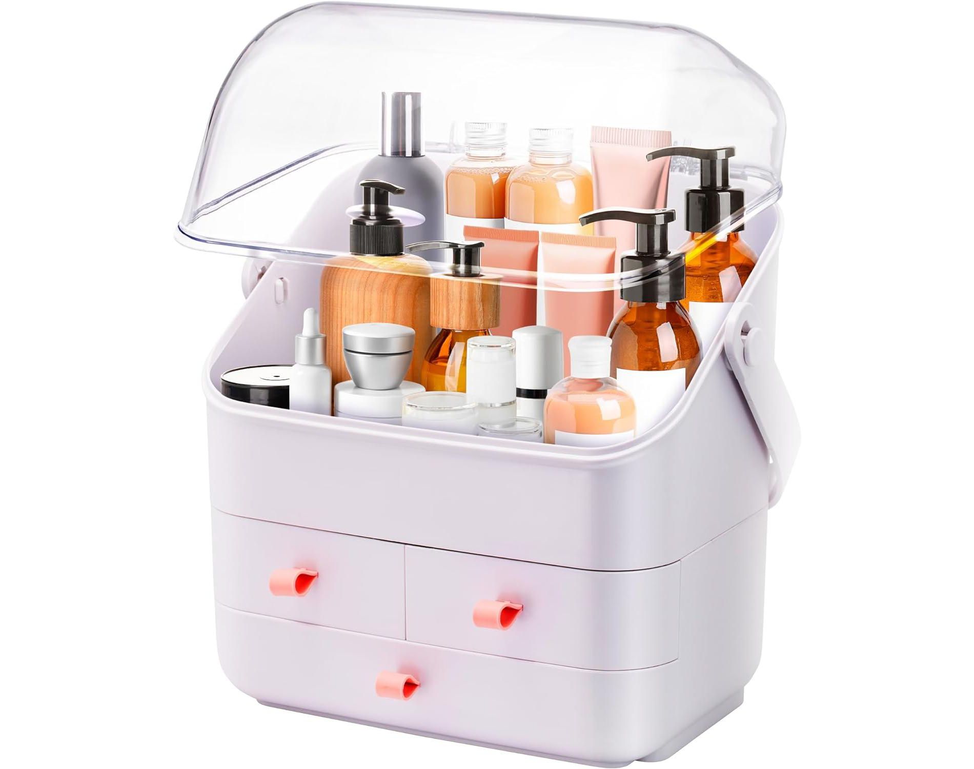 Cosmetics Organizer Countertop Makeup Holder with Handle, Waterproof Dustproof Acrylic Lid, Plastic Skincare Storage Caddy for Bathroom Vanity
