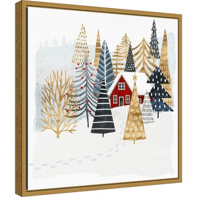 Christmas Chalet Red Cabin Canvas Print with Gold Frame