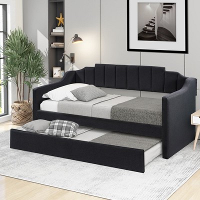 Upholstered Daybed With Trundle Wooden Slats Supports No Box Spring Needed Sofa Bed For Living Room Guest Room