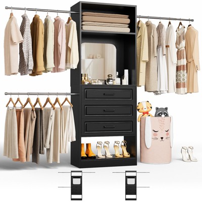 Besiost Freestanding Closet System with Hanging Rods and Mirror, Walk-In Wooden Closet Storage with Drawer
