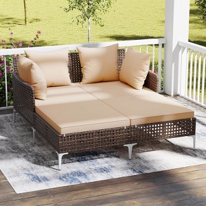Costway Outdoor Patio Daybed PE Rattan Sunbed with Sponged-Filled Pillows and Cushions Brown/Navy - 1 of 4