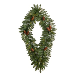 Nearly Natural 3-ft Holiday Christmas Geometric Diamond Wreath with Pinecones and 50 Warm White LED Lights - 1 of 3