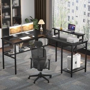 Besiost L Shape Desk with Charging Station, Computer Desk with LED Light and Open Storage Shlves - 1 of 4