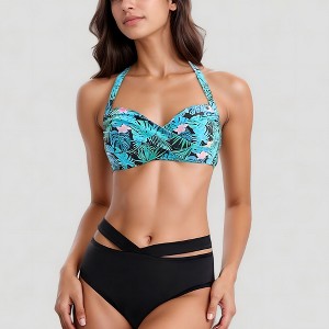 Anna-Kaci Swim Women's Tropical Print Bikini Set with Crisscross High Waist Bottom and Wide Strap Top - 1 of 4
