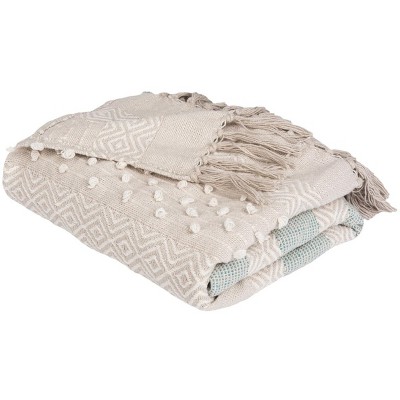 Beige & Teal Chevron Cotton Throw Blanket with Fringe