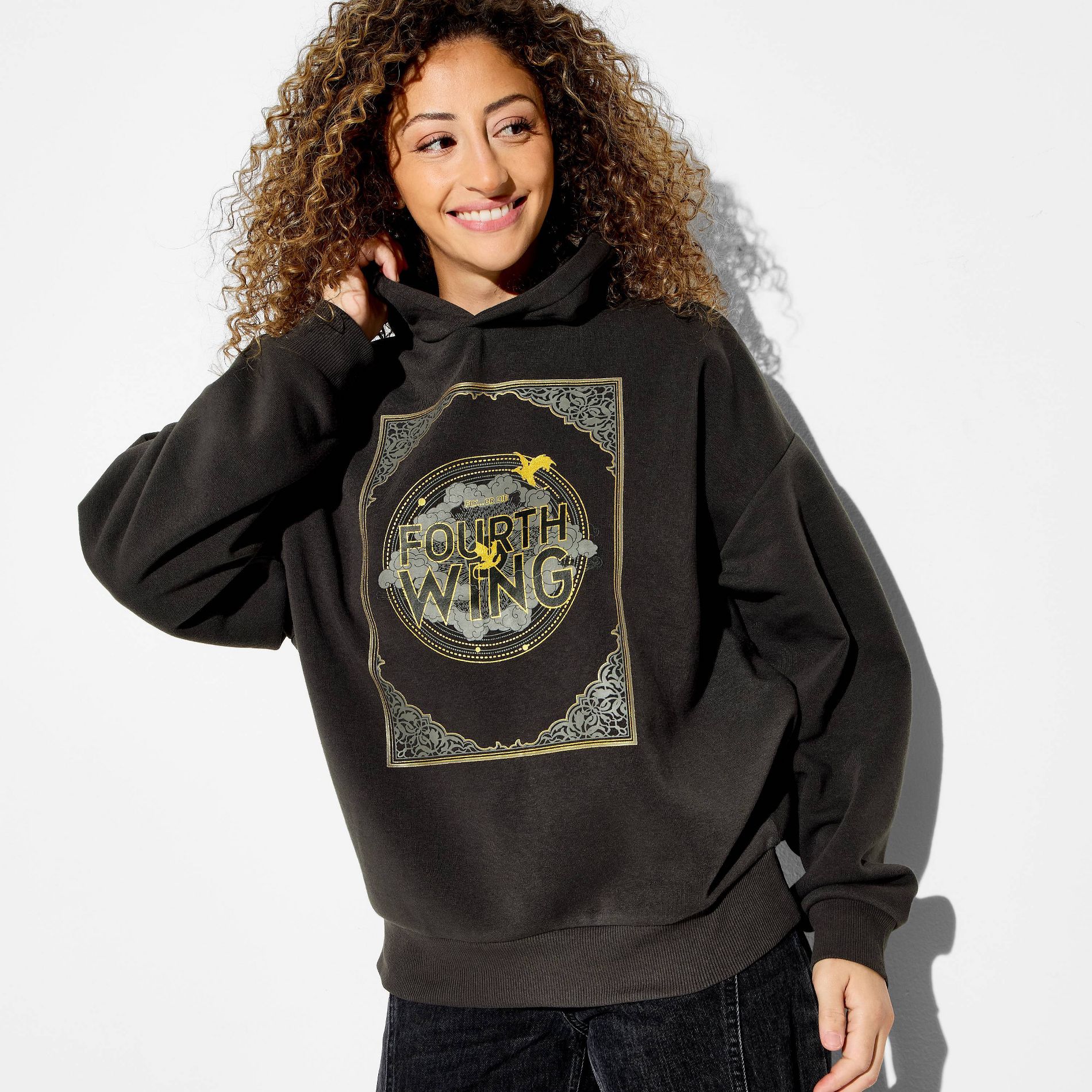 Women's Fourth Wing Fleece Hooded Graphic Pullover Sweatshirt - Black