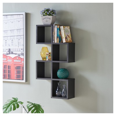 Black MDF Contemporary Floating Wall Shelf with Cubby Holes