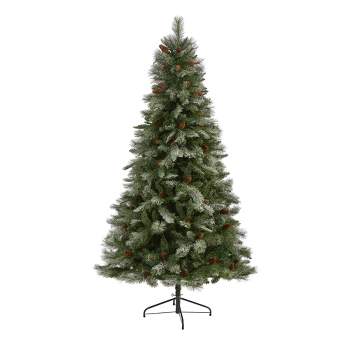 Nearly Natural 7-ft Snowed French Alps Mountain Pine Artificial Christmas Tree with 833 Bendable Branches and Pine Cones