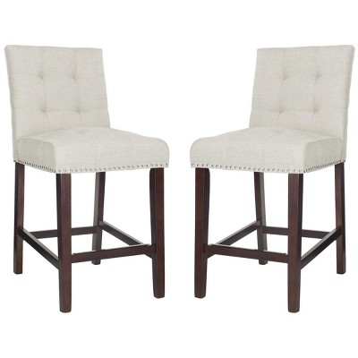 Light Grey Tufted Linen Counter Stools with Chrome Nail Head Trim