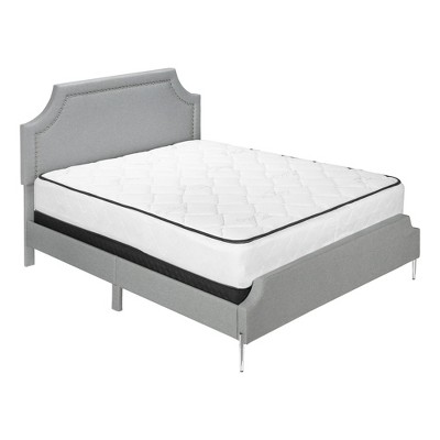 Monarch Specialties Bed Queen Size Platform Bedroom Frame Upholstered Linen Look Metal Legs Grey Chrome Transitional