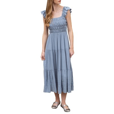 August Sky Women's Eyelet Ruched Tiered Midi Dress