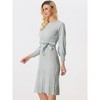 Allegra K Women's Knit Belted Round Neck Lantern Sleeves Casual Pleated Sweater Dresses - 3 of 4