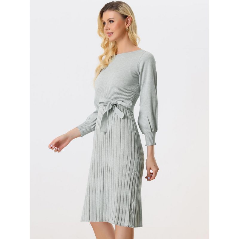 Allegra K Women's Knit Belted Round Neck Lantern Sleeves Casual Pleated Sweater Dresses, 3 of 6