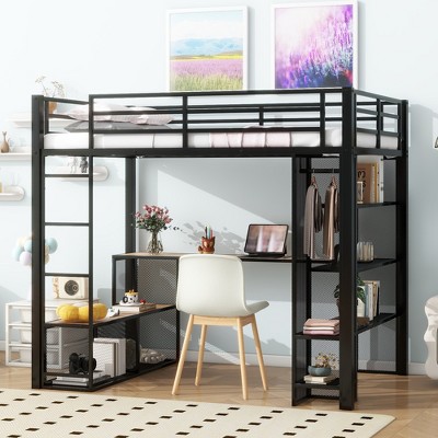 Whisen Elegant Design Full Size Metal Loft Bed with Storage Iron Mesh and MDF Shelves and Open Wardrob