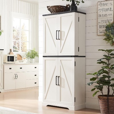 SinCiDo Farmhouse Kitchen Pantry with Barn Doors and Adjustable Shelves, 72″ Storage Cabinet, Rustic Wood Cupboard for Kitchen, White