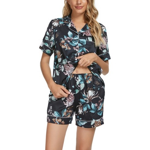 Cheibear Women's Silky Floral Short Sleeves Sleepshirt With Pants