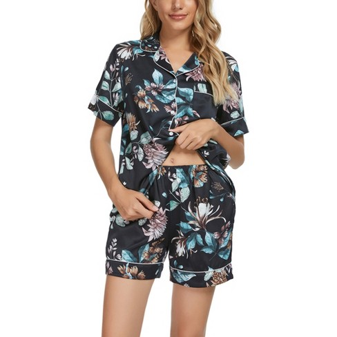 Cheibear Women's Floral Button Down Shirt Shorts Satin Pajama Set 2 Pcs ...