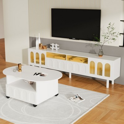 Whisen Cream Style TV Stand for TVs Up to 80'' and Coffee Table with 2 Brake Wheels