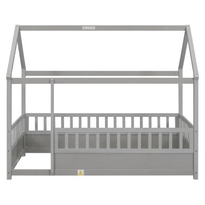 Pine Queen Size Canopy Platform Bed with Fence Rail - Grey Finish for Bedroom Decor