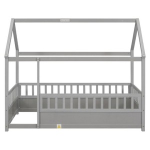 Pine Queen Size Canopy Platform Bed with Fence Rail - Grey Finish for Bedroom Decor - 1 of 2
