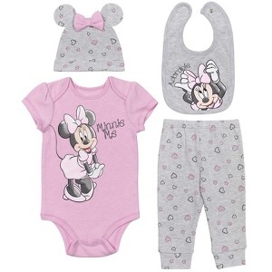 Disney Minnie Mouse Baby Girls Bodysuit Pants Bib and Hat 4 Piece Outfit Set Newborn to Infant - 1 of 4