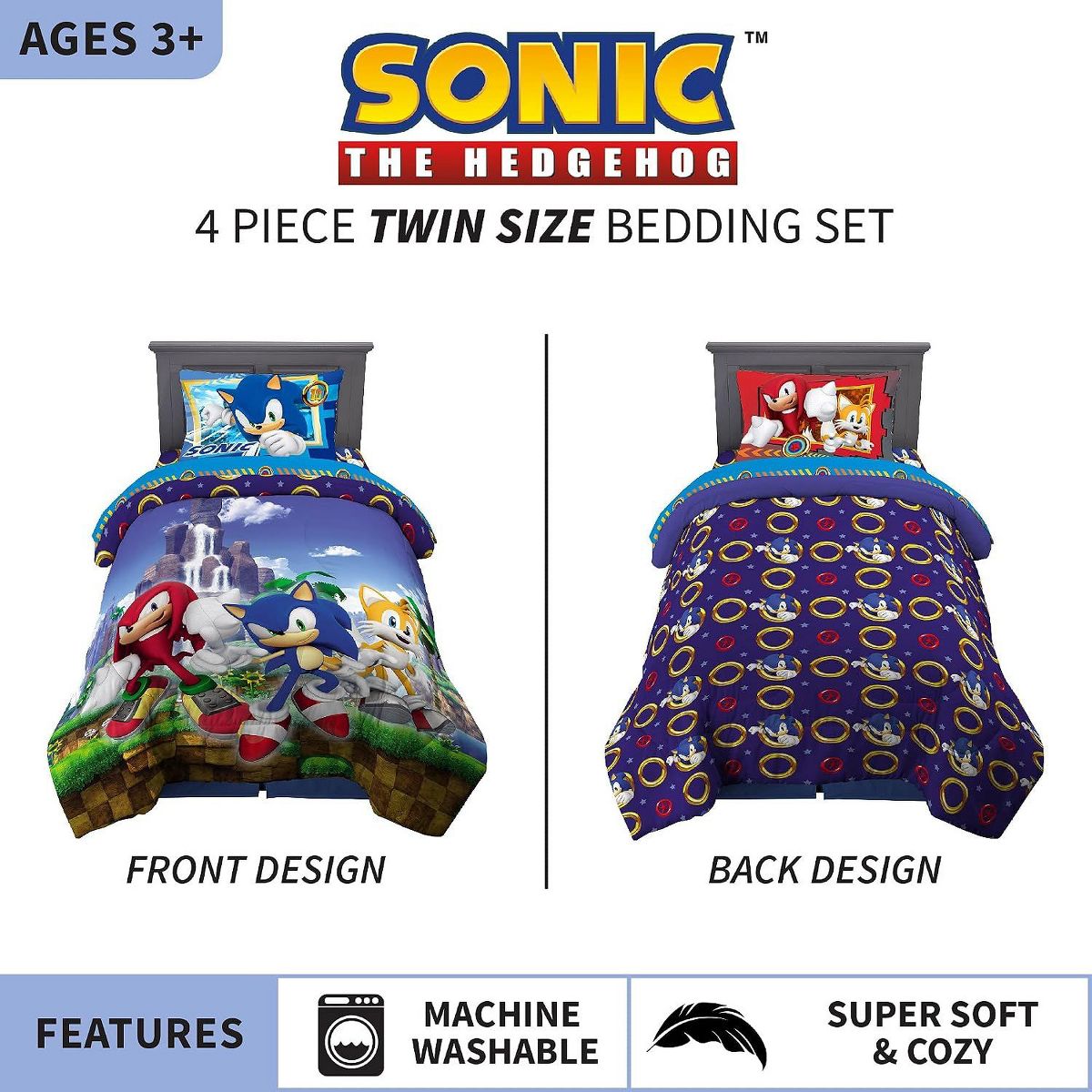 Sonic The Hedgehog Kids Bedding , Anime Twin Comforter and Sheets, 4 Piece Set - thumbnail 3
