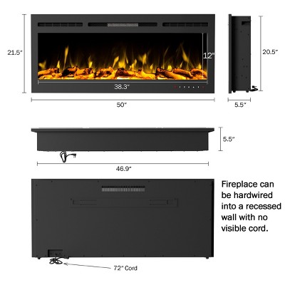 Hastings Home 50" Electric Fireplace with Wall Mount or Recessed Wall Installation, Black