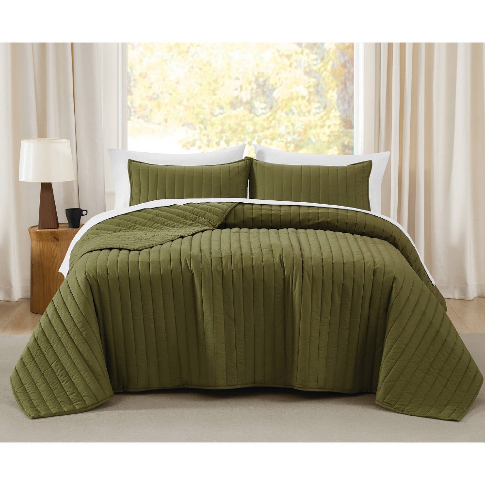 Photos - Duvet Brooklyn Loom 3pc Full/Queen Oversized Cotton Percale Quilt Set Olive Gree