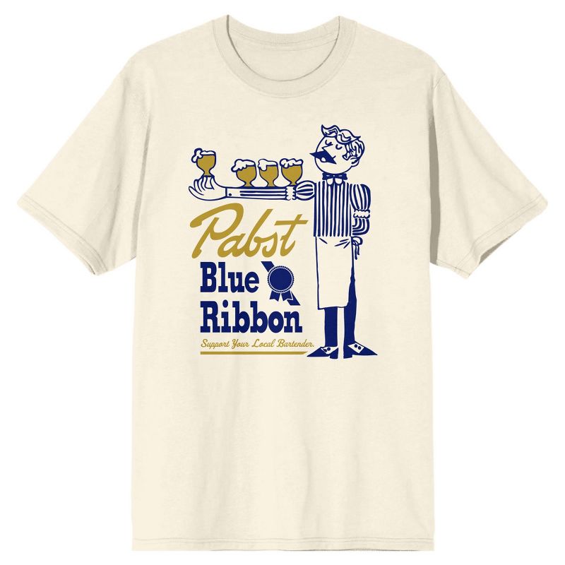 Pabst Blue Ribbon Bartender With Beer Men's Natural Ground T-shirt, 1 of 2