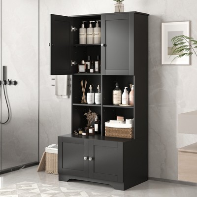 Whisen Bathroom Floor Storage Cabinet with 4 Doors, Adjustable Shelves and Open Style multi-layer Shelves