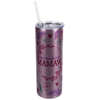 Elanze Designs Floral Rose Gold 20 Ounce Double Wall Stainless Steel Glitter Travel Tumbler With Sliding Lid And Straw, World's Greatest Mamaw