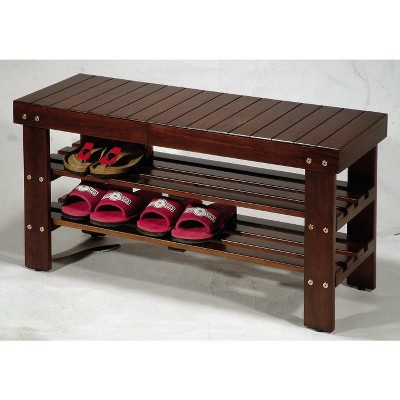 Cherry Finish Solid Wood Entryway Storage Shoe Bench