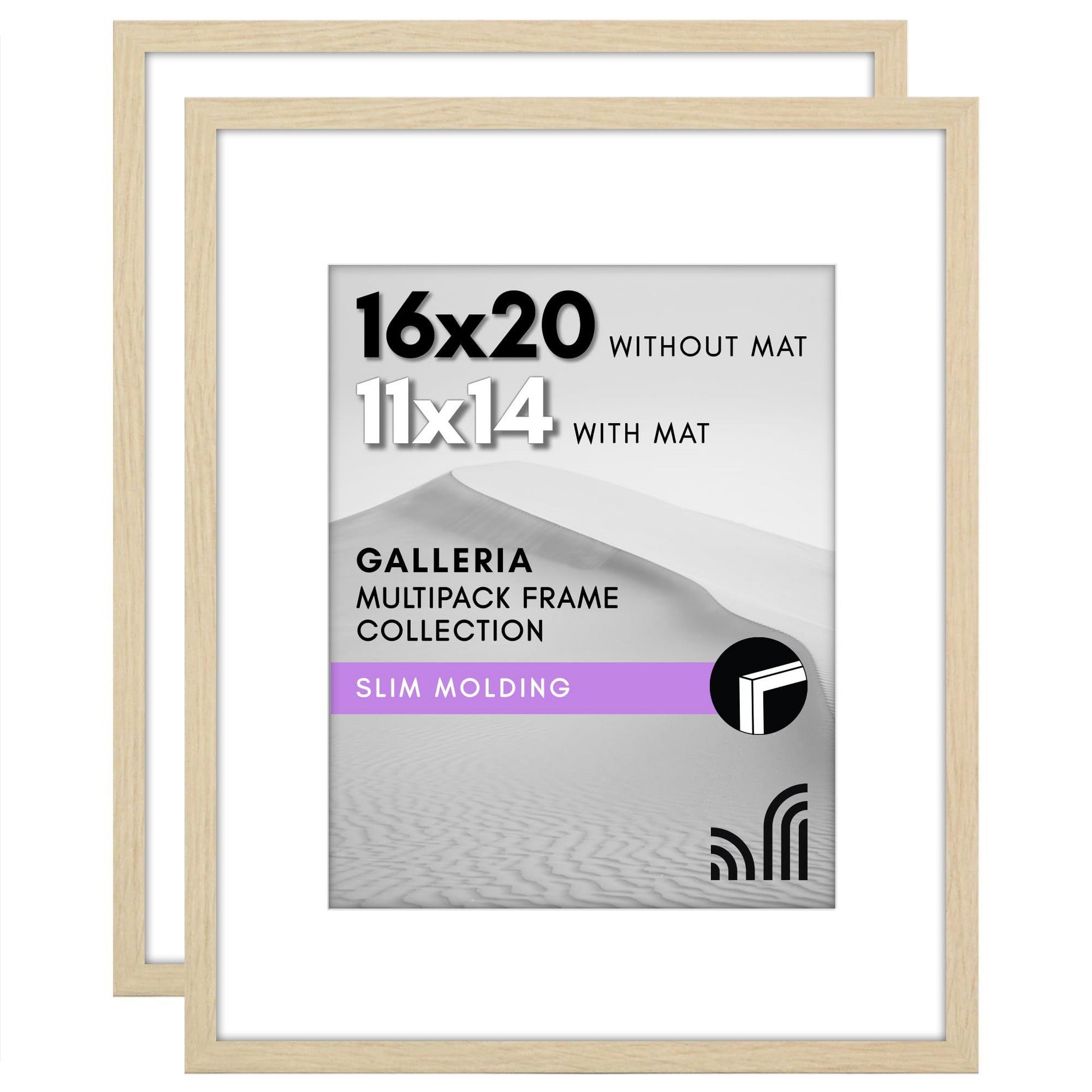 Americanflat 16x20 Picture Frame with Polished Plexiglass - Set of 2 - Use as 11x14 Frame with Mat or 16x20 Frame Without Mat - Natural Oak