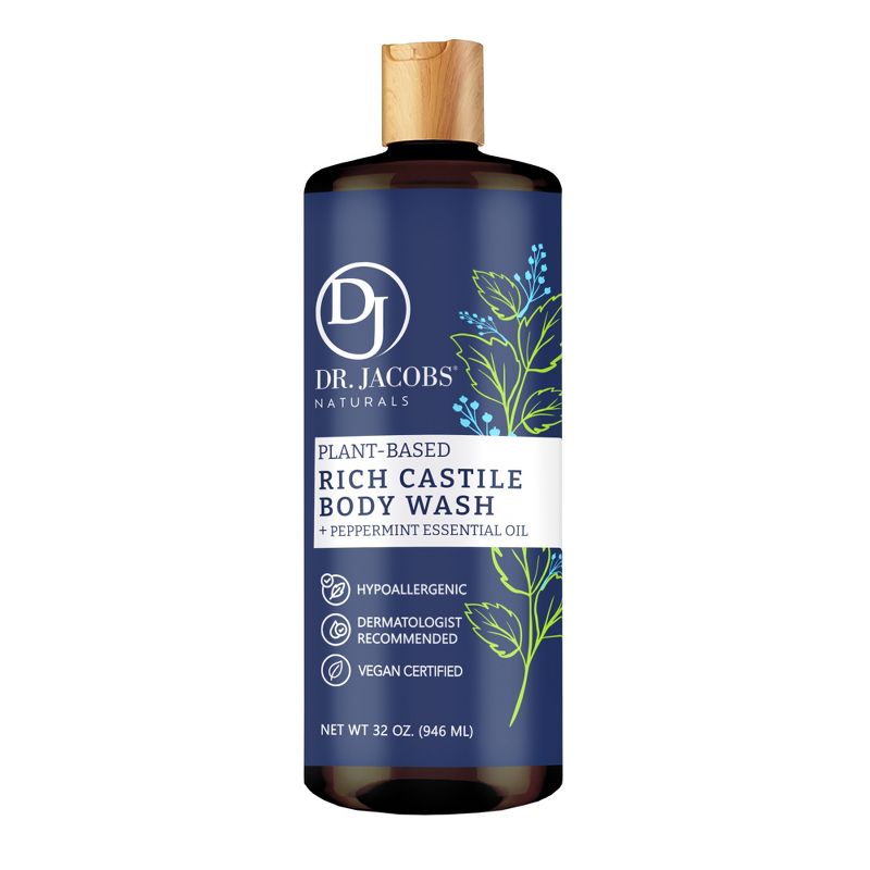Dr Jacobs Naturals Rich Castile Peppermint Body Wash Hypoallergenic Vegan Sulfate-Free Paraben-Free Dermatologist Recommended 32oz - Peppermint, 1 of 9