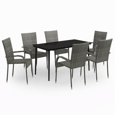 vidaXL Virtuous 7 Piece Gray and Black Outdoor Patio Dining Set with PE Rattan Chairs and Glass Tabletop - Ideal for Garden, Deck or Patio