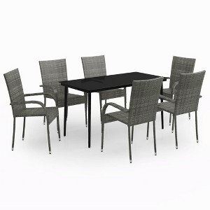 vidaXL Virtuous 7 Piece Gray and Black Outdoor Patio Dining Set with PE Rattan Chairs and Glass Tabletop - Ideal for Garden, Deck or Patio - 1 of 4