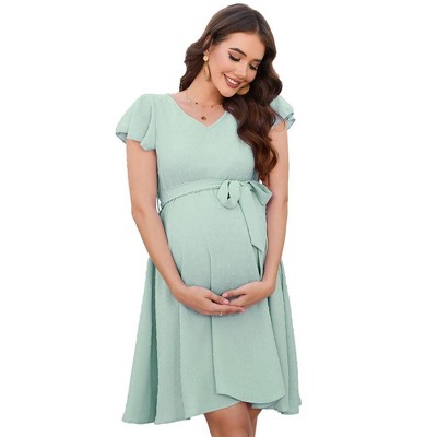 Maternity Swiss Dot Dress Summer V Neck Casual Short Sleeve Flowy Midi Dress Belt Photoshoot Baby Shower