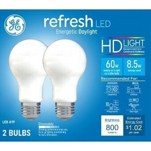 GE 2pk 60W Refresh A19 Aline LED Light Bulbs Daylight: Dimmable, 800 Lumens, Energy Star Certified, 13.7-Year Life - 1 of 4