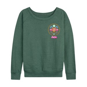Women's - Barbie - Barbie Crest Full Color Lightweight French Terry Wide Neck Long Sleeve Graphic Shirt - 1 of 4