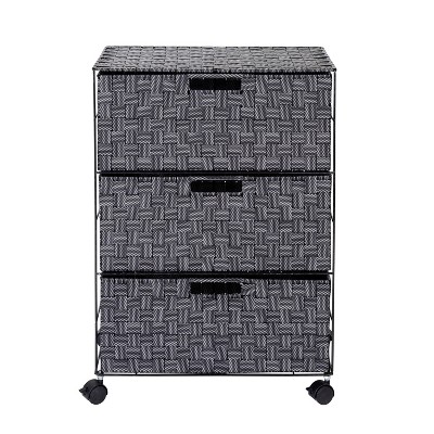 Black and White Woven 3-Drawer Rolling Storage Chest