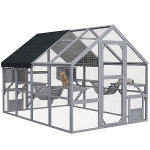 PawHut Large Catio Outdoor Cat Enclosure, Wooden Cat House for Multiple Cats, with Waterproof Cover, Condos, Platforms, Bridge, Doors, Gray - 1 of 4