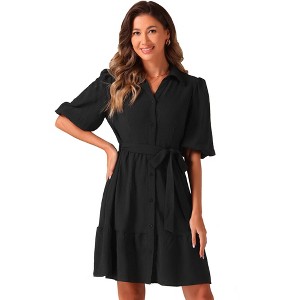 INSPIRE CHIC Women's Collar V Neck Belted Bubble Half Sleeve Tiered Above Knee Shirt Dress - 1 of 4
