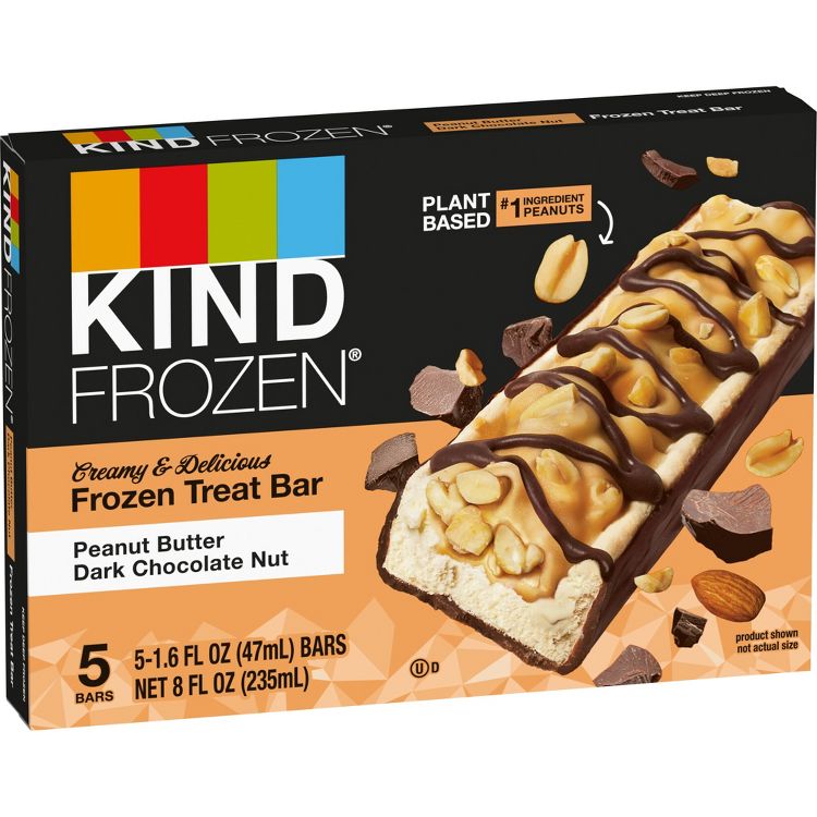 Box of KIND Frozen Treat Bars in Peanut Butter Dark Chocolate Nut flavor, showing a bar with peanuts and chocolate drizzle on the packaging.