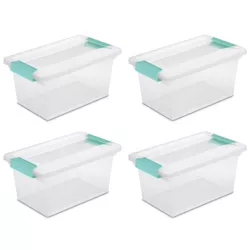 Sterilite Medium Stackable Clear Plastic Storage Tote Container with Clear Latching Lid & Green Clips for Home & Office Organization