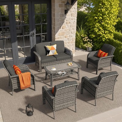 XIZZI Outdoor Wicker Sofa Set with Optional Swivel Chairs, 3.5" Cushions 5 Colors (Gray, Black, Navy, etc.), All-Weather Rattan, Modular 2-7 Pieces