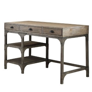 Royal Hampton Wood And Metal Desk With Three Drawers And Two Side Shelves, Oak Brown And Gray - 1 of 4