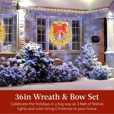Gold and Red LED Pre-Lit Outdoor Christmas Wreath with Bow