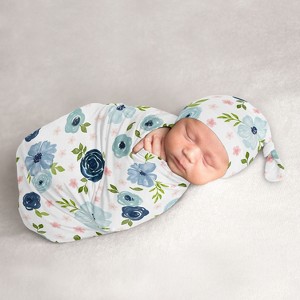 Sweet Jojo Designs Girl Baby Cocoon and Beanie Hat Swaddle Wrap Watercolor Floral Blue and Pink 2pc - 1 of 4